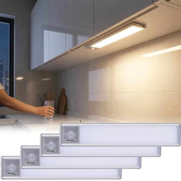 4 réglettes LED plates sans fil 20,5 cm avec capteur de mouvement – claires et économiques – parfaites pour armoires, couloirs, cuisine