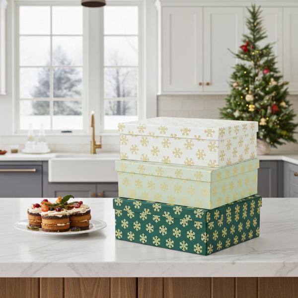 Ensemble de boîtes cadeau festif : 3 boîtes pour Noël avec d‘élégants flocons de neige, chacune 36,2 x 29,5 x 11 cm - Idéal pour les cadeaux et la déco