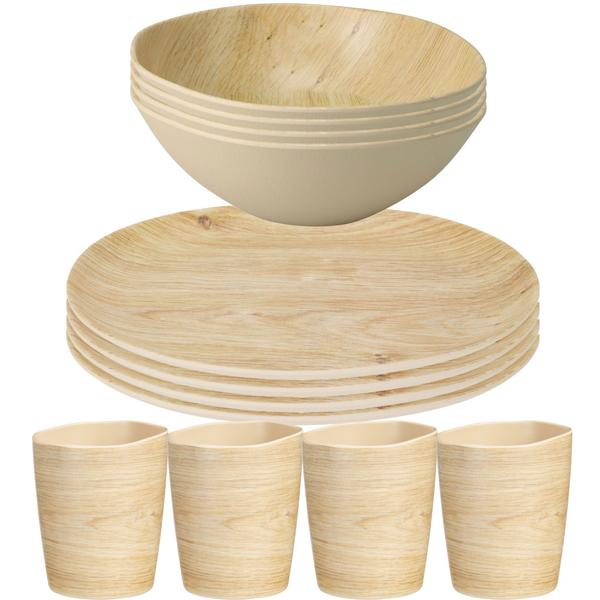 Set de Vaisselle 12 Pièces - Effet Bois Naturel pour 4 Personnes - Mélamine Incassable Légère & Robuste - Camping Pique-Nique Jardin Maison
