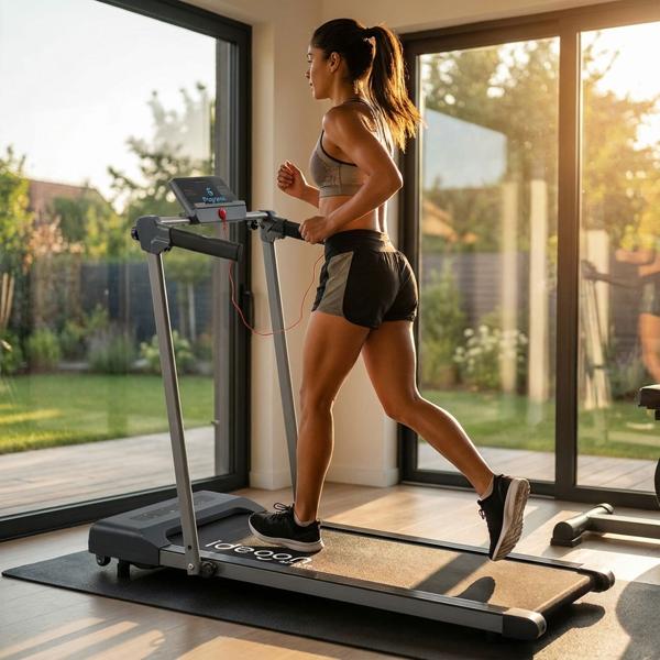 Tapis de course et de marche pliant, jusqu’à 12 km/h – commande par application, écran tactile, télécommande et support tablette – supporte jusqu’à 110 kg