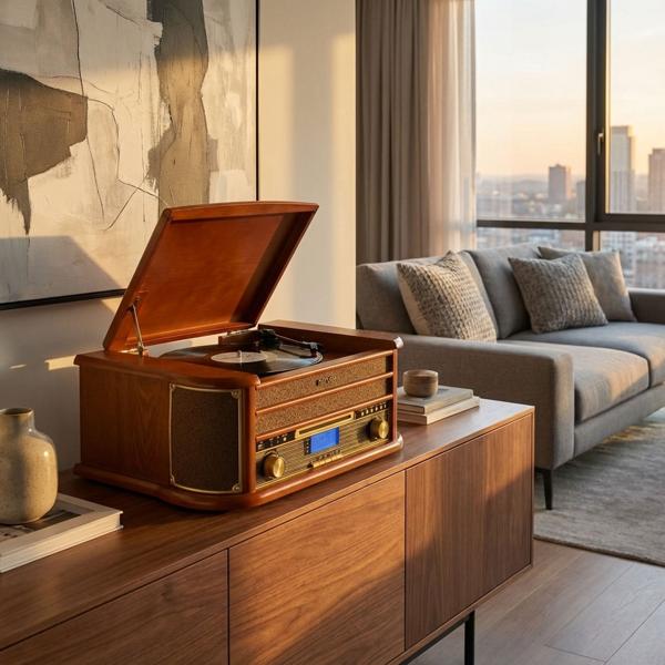 Centre Musique Rétro Tourne-disque - Radio DAB+/FM CD Cassette USB Enregistrement - Son 2x2.5W RMS - Bois MDF - 51.5x35x22 cm