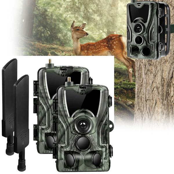 Lot de 2 caméras de chasse 4G 2K avec capteur PIR – caméra de surveillance en direct avec commande par application, angle de vue 120° et vision nocturne, IP65
