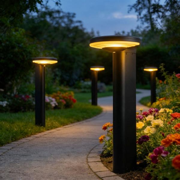 4 bornes solaires extérieures en aluminium noir, 300 lm, LED SMD, capteur de luminosité – lampes de jardin modernes et résistantes aux intempéries