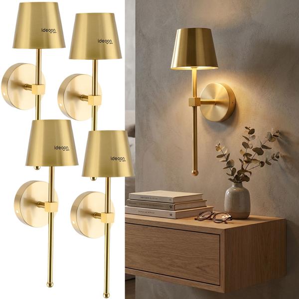 4 appliques LED sans fil avec télécommande – lampes dorées, intensité variable, chargement USB – minuterie et capteur tactile