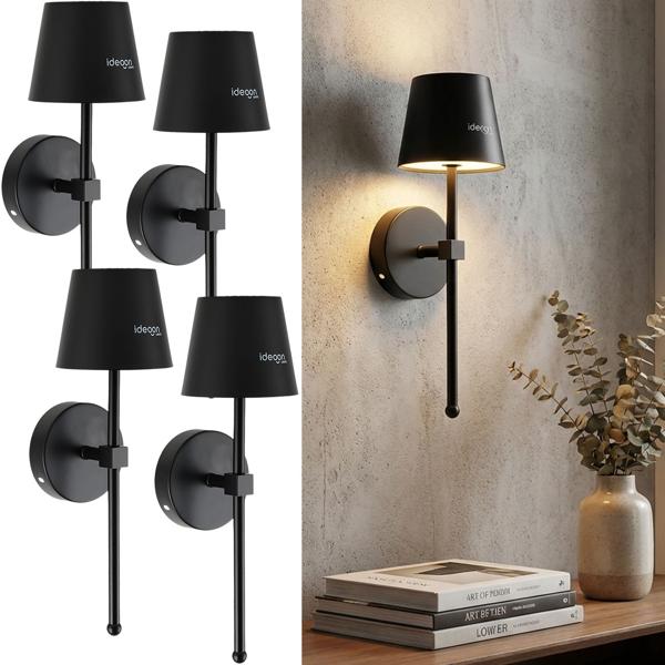4 appliques LED sans fil avec télécommande – lampes noires, intensité variable, chargement USB – minuterie et capteur tactile