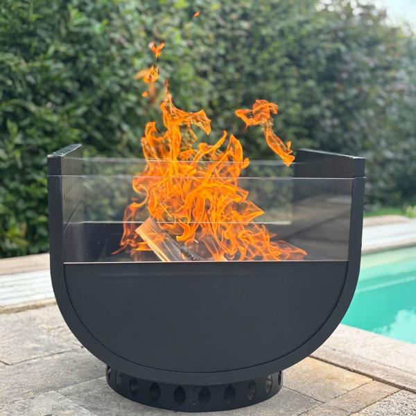 Brasero U-Design exclusif : expérience lounge d‘extérieur à faible fumée – cheminée de jardin avec verre à double vue, brasero de jardin élégant et luxueux