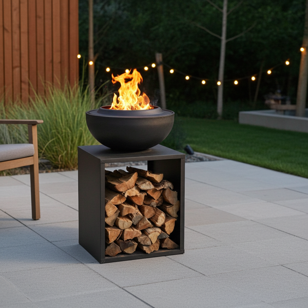 Brasero et gril 2-en-1 avec range-bûches – plancha haut de gamme idéale pour jardin et terrasse – peu de fumée