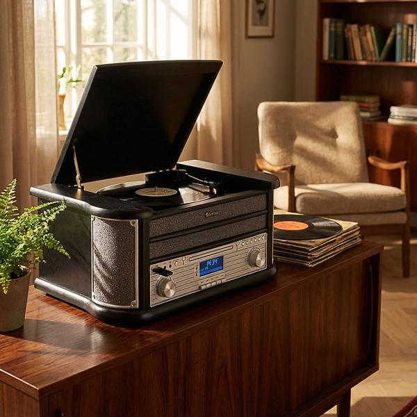 Élégant centre musical rétro – radio DAB+ FM, platine vinyle, platine cassette, CD, enregistreur USB & AUX – chaîne hi-fi nostalgique au son riche