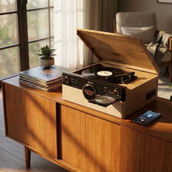 Chaîne musicale rétro : platine vinyle, radio DAB+/FM, CD, cassette, Bluetooth 5.3 et enregistrement USB. Élégante chaîne stéréo avec 2 x 90W et télécommande