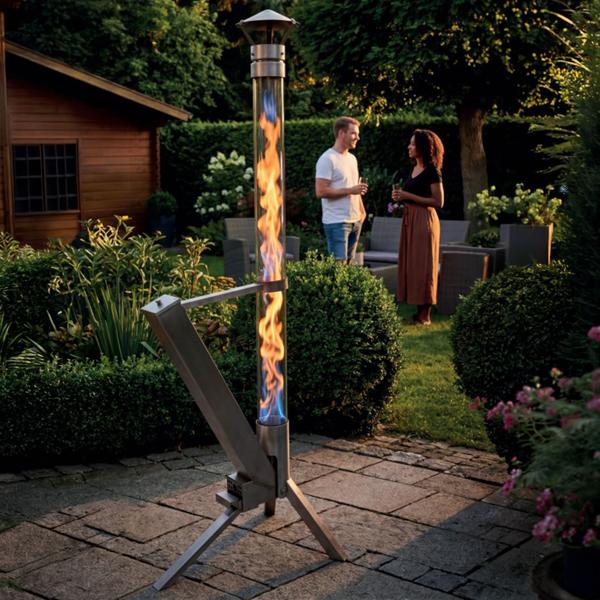 Torche à pellets pour jardin – chauffage de terrasse élégant avec tube en verre et structure en métal – flambeau sans fumée