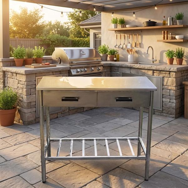 Plan de travail en inox pout cuisine d’extérieur – table solide avec 2 tiroirs – idéale pour préparer des grillades et servir des plats