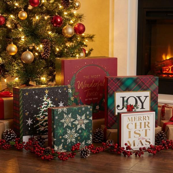 Set de boîtes cadeau de Noël, 5 pièces, boîtes carrées en carton robuste, 5 tailles et designs, emballage pour cadeaux de l’Avent