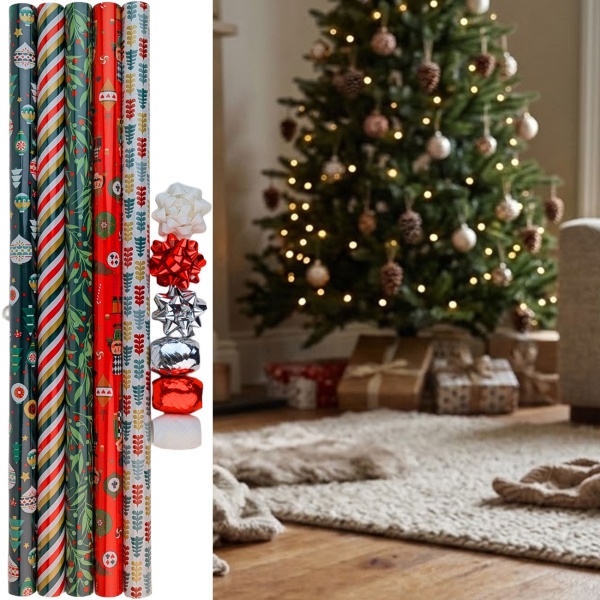 Set papier cadeau : papier kraft 5 rouleaux 70 x 200 cm avec ruban cadeau et nœuds – set d’emballage de qualité pour cadeaux de Noël