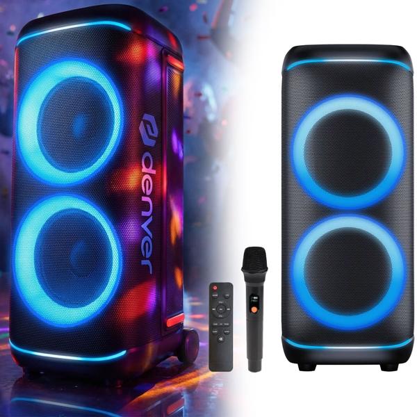 Enceinte party Bluetooth 200W RMS : music box avec show lumineux LED, TWS, batterie, roulettes, microphone & télécommande - protection contre les éclaboussures IPX4