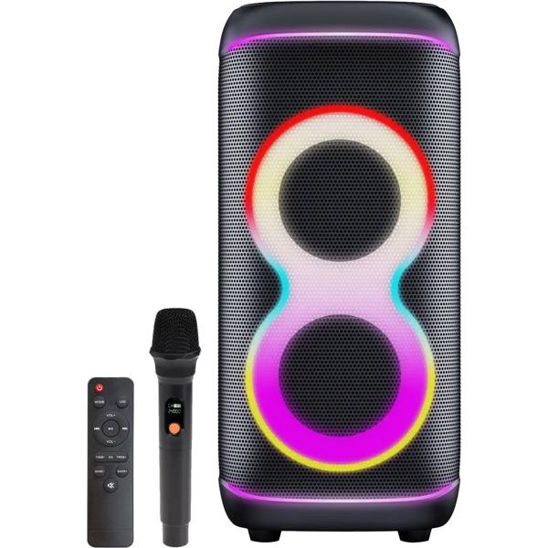 Haut-parleur party Bluetooth puissant avec 100W RMS, TWS, lightshow LED, microphone et télécommande – système audio IPX4 résistant aux intempéries pour l’outdoor