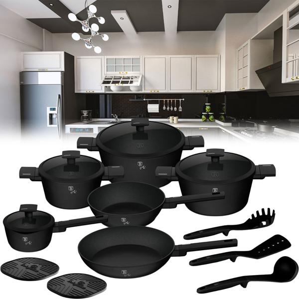 Set de cuisine 15 pièces noir mat – set de casseroles induction avec poêles & casserole à manche – sans substances nocives, sans PFOA avec couvercles en verre