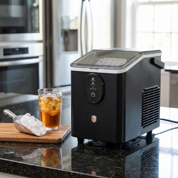 Machine à glaçons – Ice maker compact au design rétro avec réservoir d’eau 0,8 L et 120 W – 12 kg de glace en 24 h – Incl. pelle à glaçons pratique, noir or rose