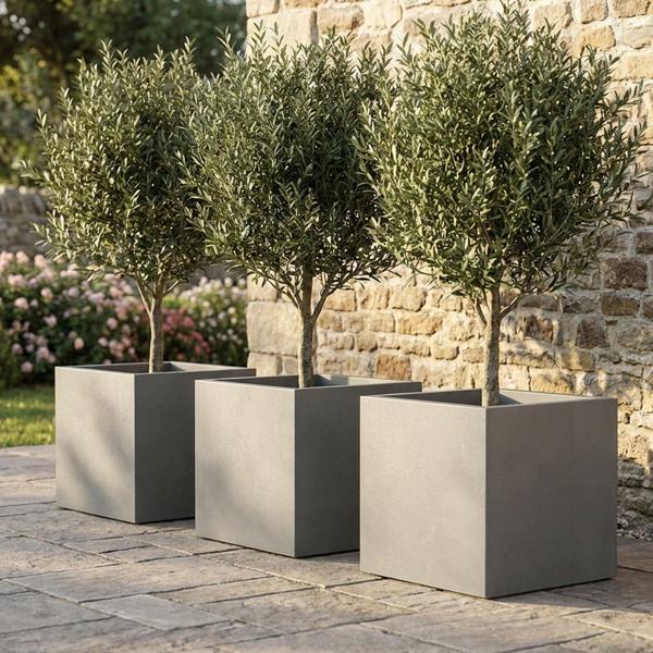 Set de 3 pots de fleurs carrés 58 cm gris béton, bac à plantes 91 L en plastique pour intérieur & extérieur, résistant au gel et aux UV, léger