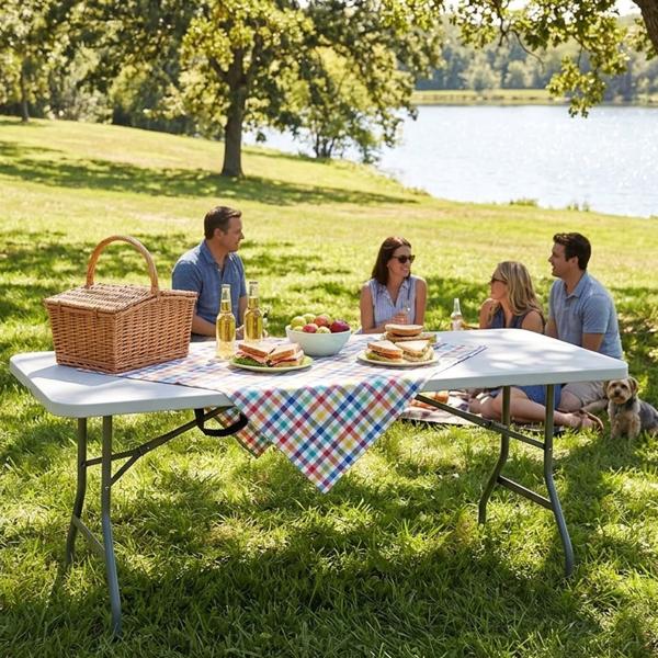 Table valise pliante 180 cm résistante aux intempéries table de jardin stable, table de camping charge jusqu’à 100 kg métal plastique peu encombrante et transportable
