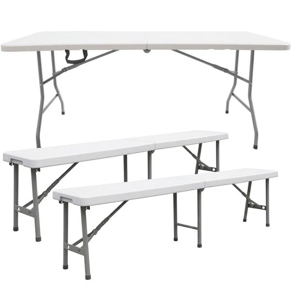 Ensemble de sièges de camping stable avec table pliante de 180 cm et 2 bancs valise assortis, résistant aux intempéries, pliable