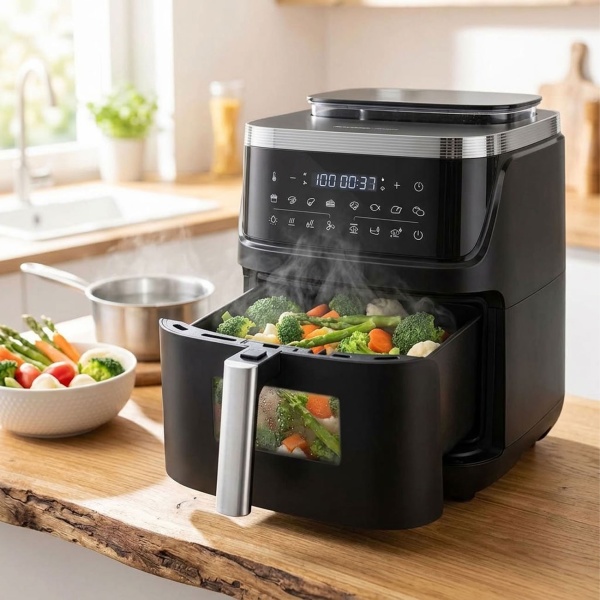 Friteuse à air chaud vapeur avec récipient de 7 litres, appareil multifonction 3 en 1 pour cuisson à air chaud, vapeur et combinée avec nettoyage automatique
