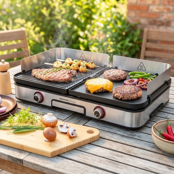 Barbecue électrique avec 2 zones de gril séparées, plaques réversibles, pare-vent en inox & bac récupérateur de graisse, gril de table 2 zones