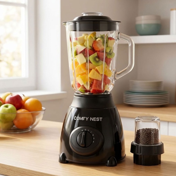 Blender en verre avec moulin, 800 W, bol 1,5 L & bol 0,4 L, 5 vitesses, fonction pulse, broyeur à glace, boîtier en acier inoxydable, noir