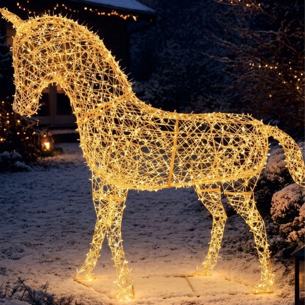 Cheval déco en métal LED blanc chaud : grande figure licorne LED avec minuterie pour décoration de jardin, déco de Noël et événements, IP44, 220 cm