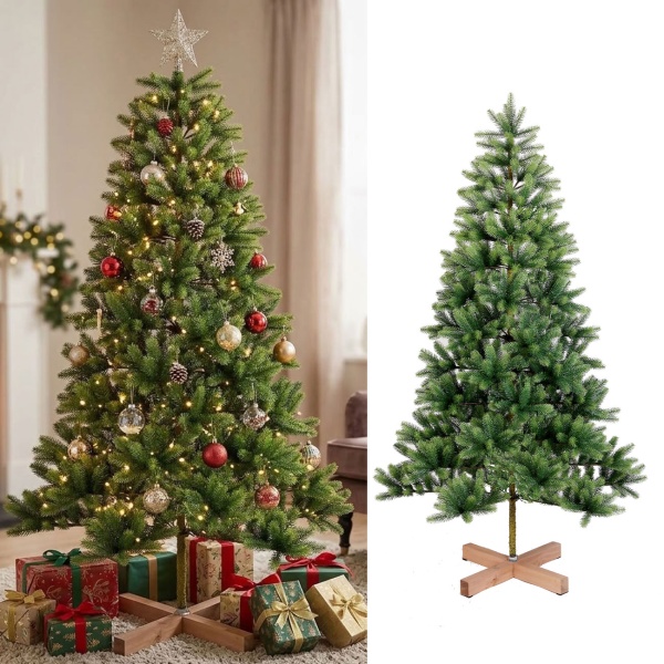 Sapin de Noël artificiel 180 cm avec plus de 900 pointes, Ø 109 cm, branches rabattables, pied en bois, sapin réutilisable, montage rapide