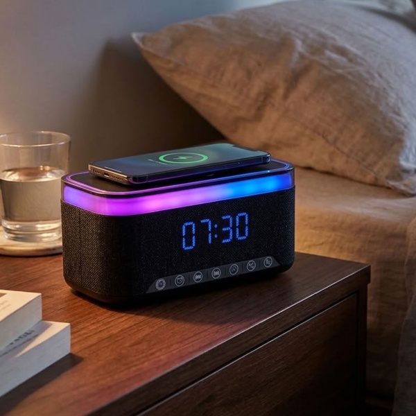 Réveil LED pratique avec haut-parleur Bluetooth et chargeur sans fil 15 W pour table de nuit et bureau – horloge stylée avec lumière RGB et batterie