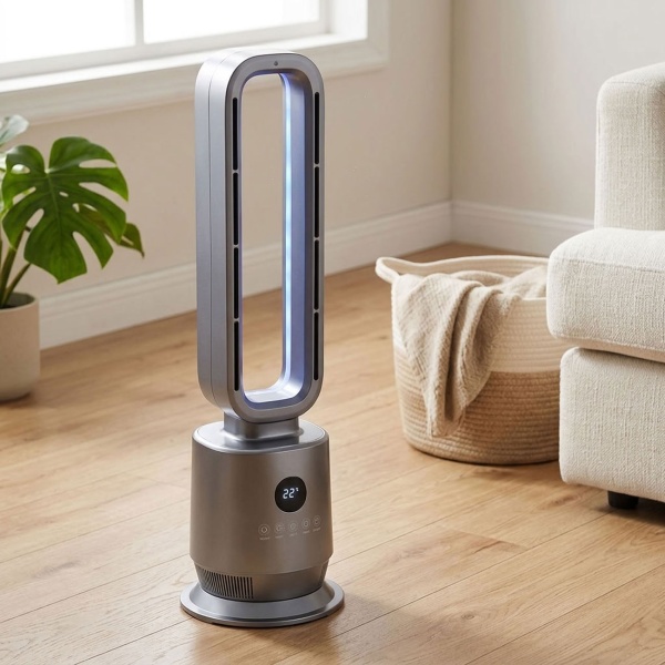 Chauffage soufflant sans rotor 2000 W, chauffage soufflant PTC en céramique sans pales avec télécommande, thermostat, oscillation à 45°, minuteur et lumière d’ambiance, argent
