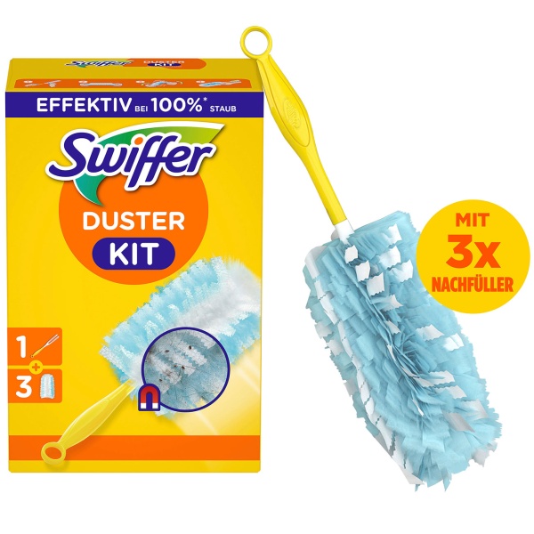 Kit de démarrage Swiffer Duster avec manche et 3 lingettes dépoussiérantes, plumeau pour meubles, étagères, lampes, cadres et appareils électroniques, capture la poussière et les cheveux