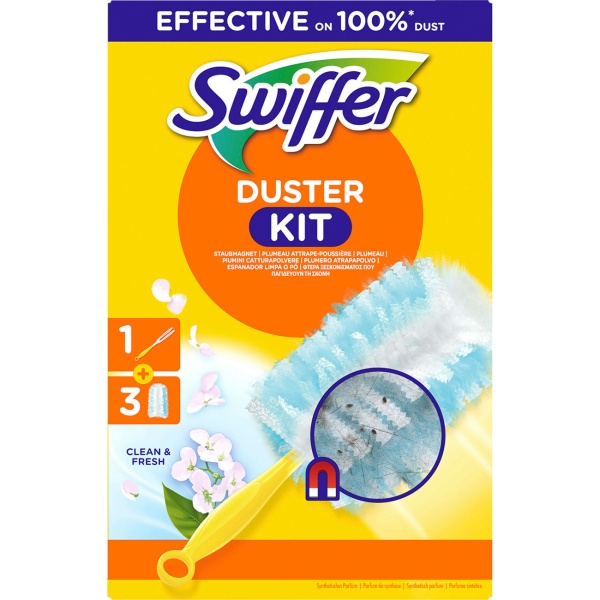 Kit de démarrage Swiffer Duster au parfum Febreze, manche et 3 lingettes dépoussiérantes parfumées, dépoussiérant pour meubles, étagères, lampes et écrans, capture la poussière