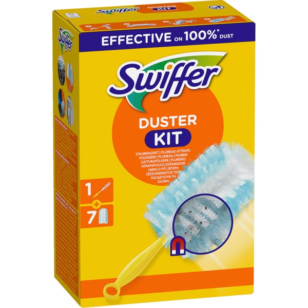 Kit de démarrage Swiffer Duster avec manche et 7 lingettes anti-poussière, plumeau pour meubles, étagères, lampes, cadres et appareils électroniques, capture la poussière et les poils
