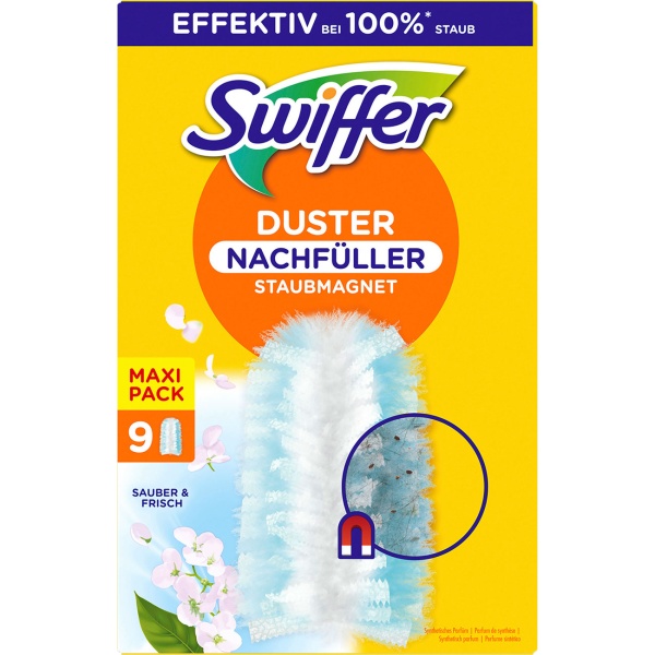 Swiffer Duster pack de recharges avec parfum Febreze, 9 lingettes dépoussiérantes parfumées pour le manche du plumeau, lingettes de rechange pour dépoussiérer meubles et étagères