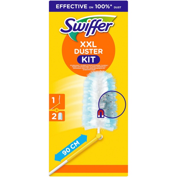 Swiffer Duster XXL Kit de démarrage avec manche télescopique et 2 lingettes anti-poussière, plumeau extensible pour plafonds, armoires, lampes et étagères hautes