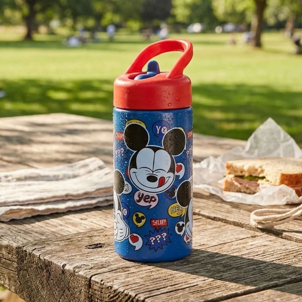 Bouteille pour enfants Mickey Mouse 420 ml avec paille rabattable et poignée de transport, bouteille réutilisable pour garderie, école et excursions, bleu-rouge