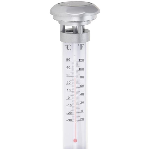 Thermomètre de jardin solaire résistant aux intempéries avec lumière LED : incl. pique de terre, 9x59cm – pour un affichage précis de la température et un éclairage décoratif du jardin