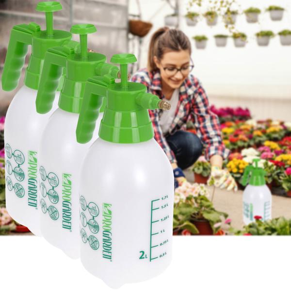 Lot de 3 pulvérisateurs à pression à pompe 2L – buse en laiton réglable en continu pour l’arrosage et le nettoyage à la maison & au jardin – soupape de sécurité & indicateur de niveau