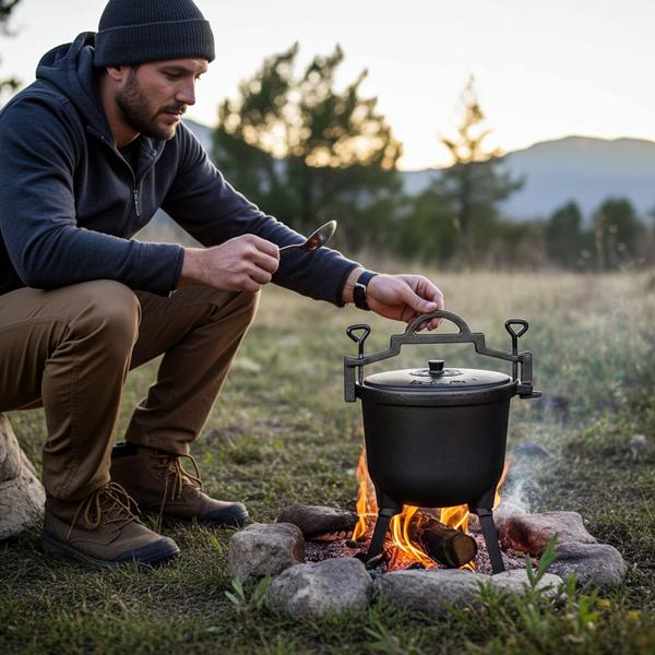 Casserole de camping fonte 7L - Pot à feu de camp avec couvercle - Revêtement émail noir - Cuisson rapide à la vapeur pour rôtis ragoûts pain maison