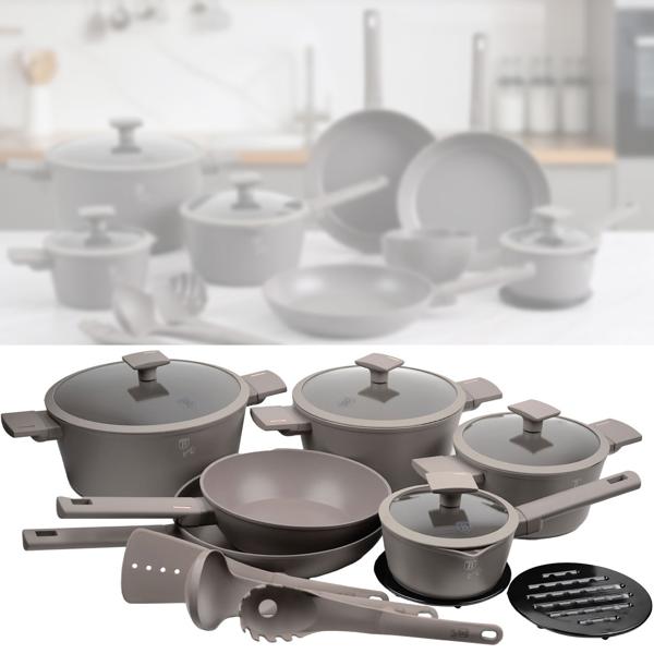 Set de cuisine design 15 pièces - Revêtement titane antiadhésif 3 couches & ustensiles inclus - Compatible tous feux induction - Taupe