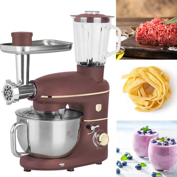 Robot de cuisine vintage 1500W - Hachoir à viande, 3 ustensiles, bol inox 5,5L, blender 1,5L - 6 vitesses & pulse - Bordeaux