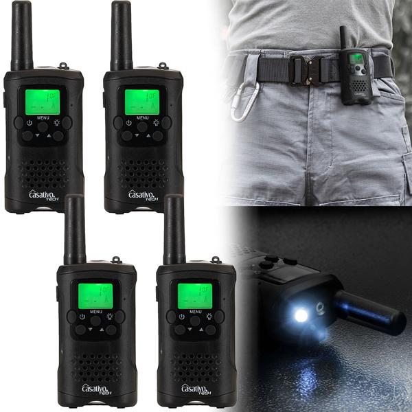 4 talkies-walkies professionnels avec clip de ceinture et lampe de poche, 10 km de portée, 8 canaux, station de chargement, 8 heures d’autonomie