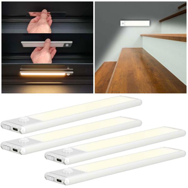 Réglettes LED sans fil - Capteur de mouvement - 20,5 cm aluminium-argenté - Batterie 1100 mAh USB-C - Éclairage armoires-tiroirs-escaliers