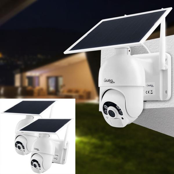 2 caméras de surveillance extérieures sans fil, solaires, pan-tilt, Full HD, panneau solaire, détecteur de mouvement, vision nocturne, audio/vidéo bidirectionnel, IP65, blanc