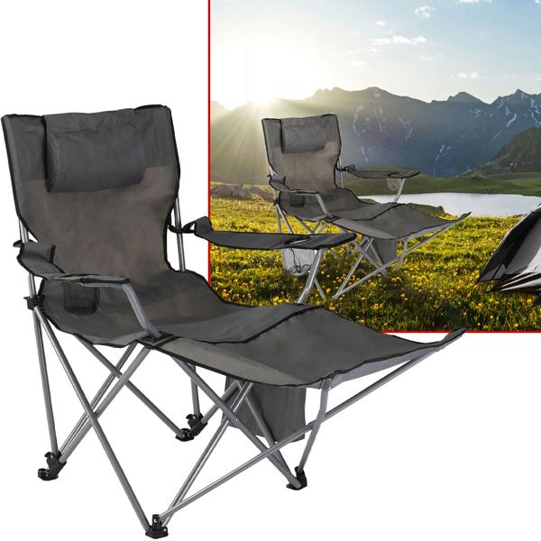 Chaise de camping de luxe - Appuie-tête, repose-pieds, rangements, pochette isotherme - Anthracite, charge max. 120 kg, tissu Oxford 600D