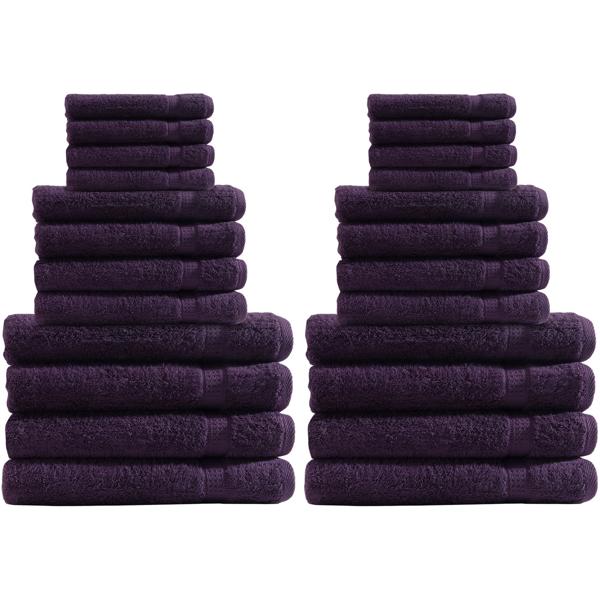 Ensemble de 24 serviettes aubergine – 8 invité, 8 toilette & 8 douche en 100% coton – doux, très absorbant & à séchage rapide