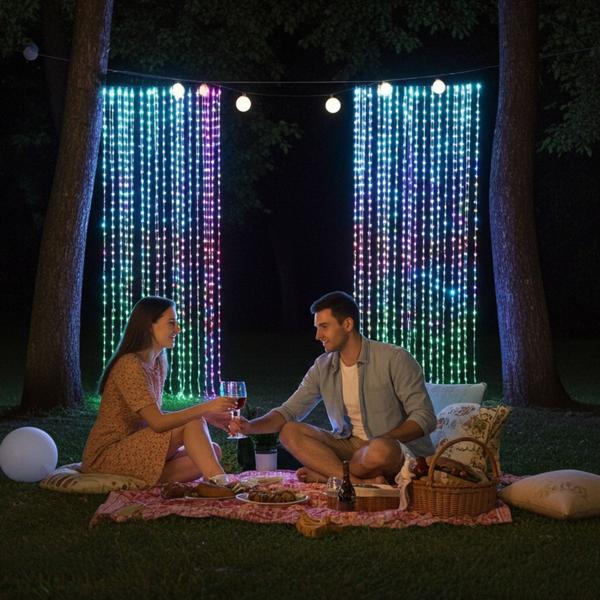 Set de 2 rideaux lumineux LED multicolores – décoration de fête pour anniversaires, mariages & extérieur – 400 LED RGB, IP44, 2 x 2 m, télécommande incluse