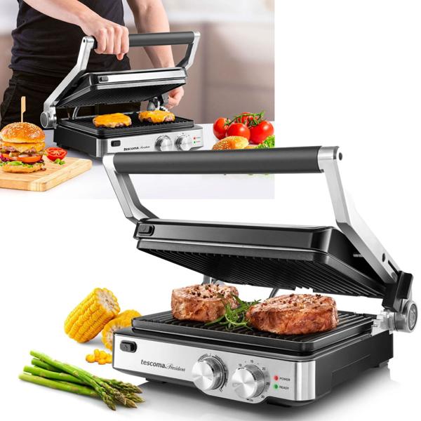 Grill de table & contact 2-en-1 - Régulateur de température continu, minuterie, bac à graisse, charnière ajustable - 2000W, plaques antiadhésives, inox,