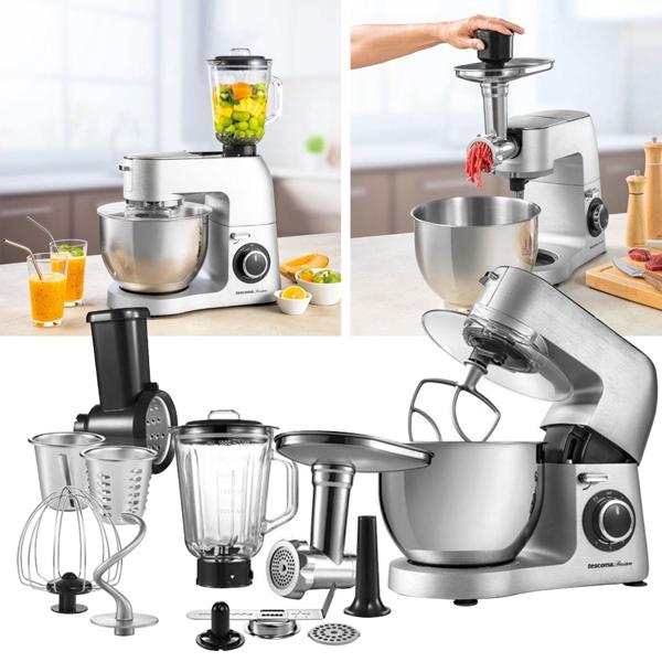 Robot de cuisine professionnel tout en métal - Hachoir à viande, mixeur, batteur 6L, fouet - 1500W, 6 vitesses, silencieux